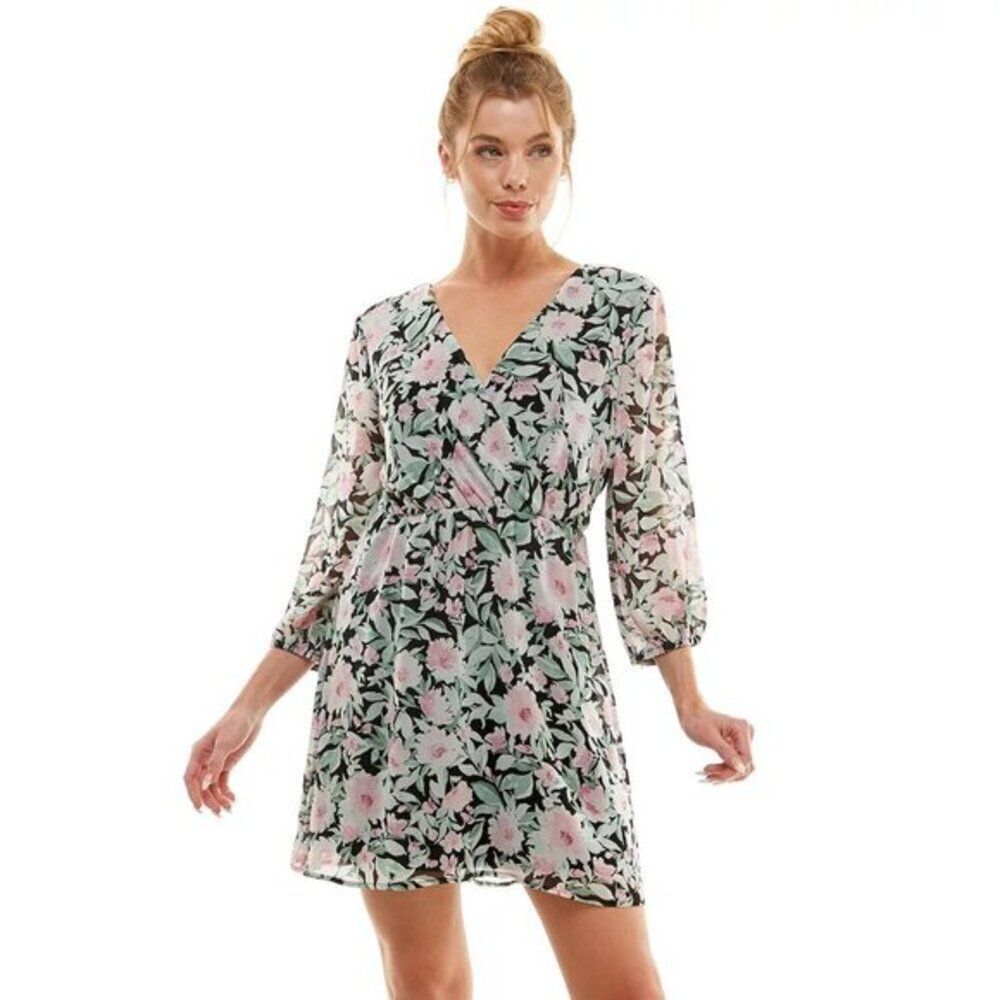 Lily Rose Black Floral Mini Dress with Pink & Mint Accents